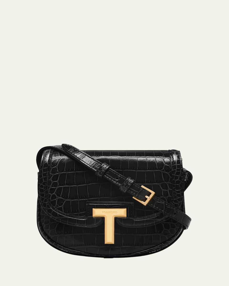 Wallis Mini Flap Shoulder Bag in Shiny Croc-Embossed Leather